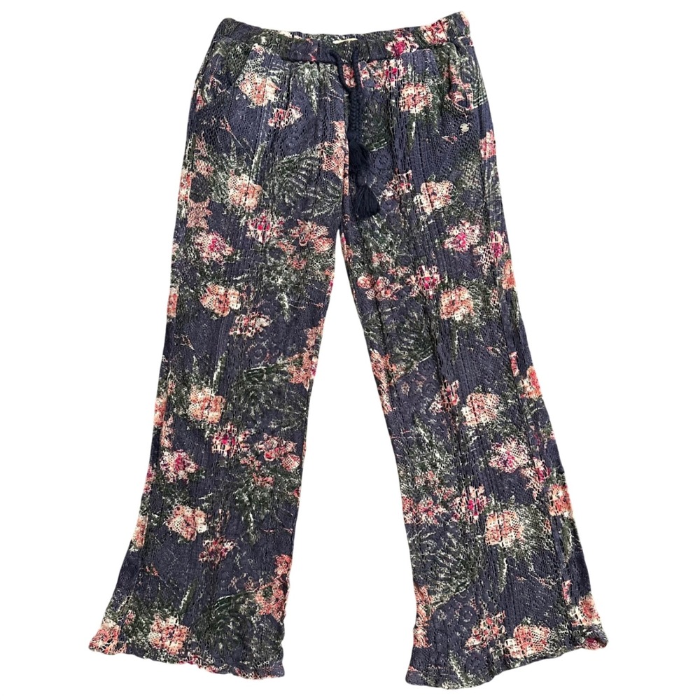 Roxy Womens Floral Crochet Wide Leg Pants Blue Pink Boho Beach Tassel XS